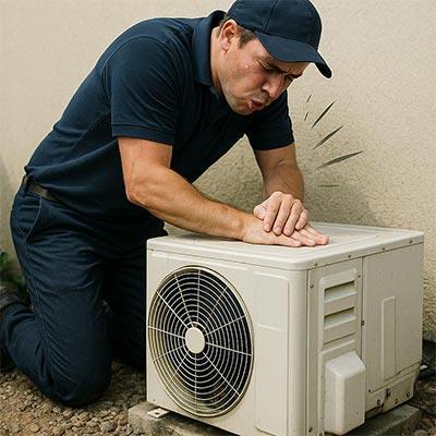 Man pretending to give CPR to a small split system unit outside