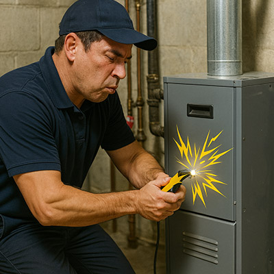 A man in a navy uniform uses a tool on a furnace, causing a bright yellow electrical spark to appear on the furnaces surface.